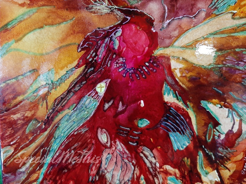 A Dancing Angel painting of a woman with red feathers.