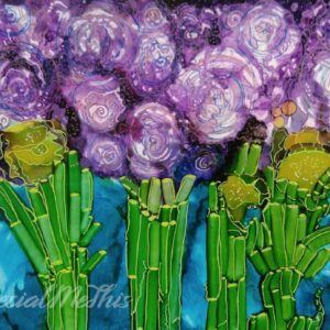 A painting of purple flowers and green stems.