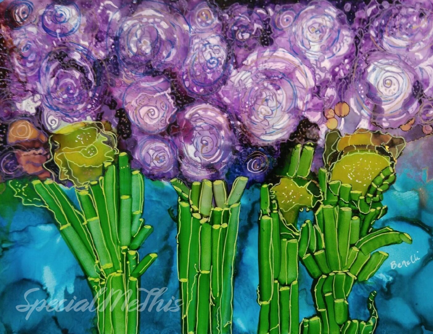 A painting of purple flowers and green stems.