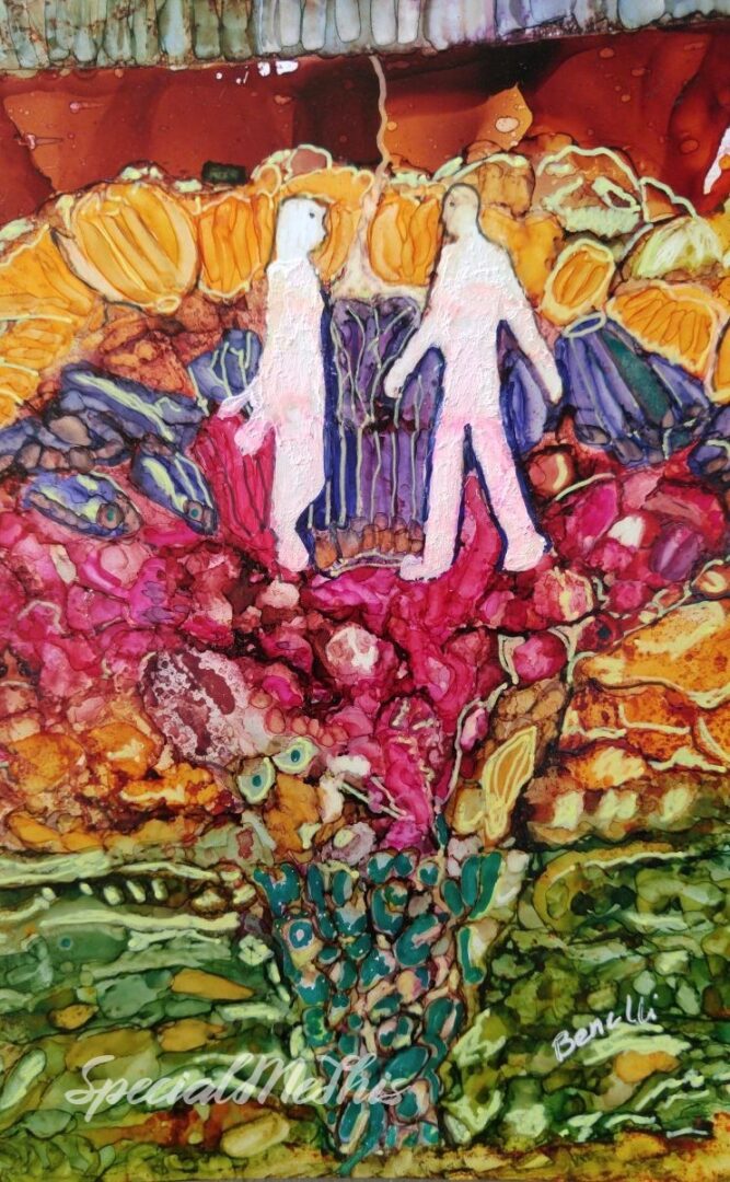 A painting of two people walking in a field of First Love flowers.