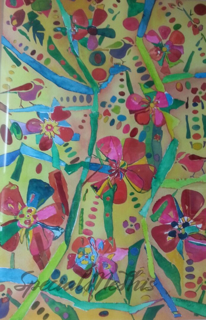 A painting of flowers and leaves on a wall.