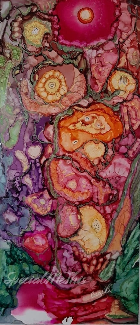 A painting of flowers in purple, pink and orange.