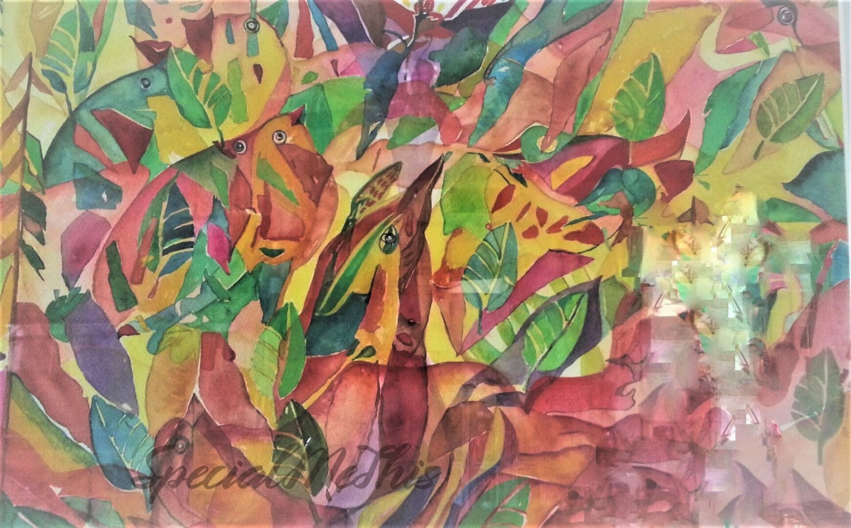 A painting of leaves in the fall