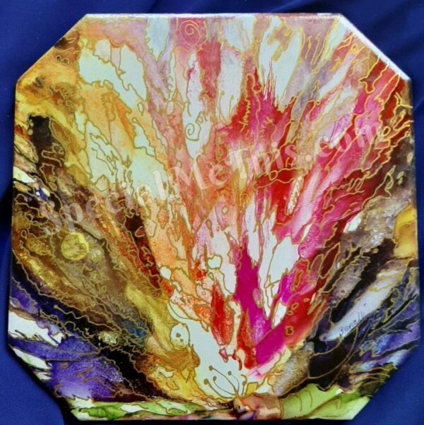 A colorful painting of fire and water on a plate.
