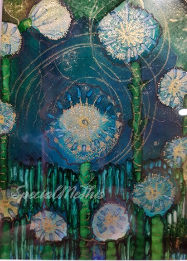 A painting of Barb's World with blue flowers and green leaves.