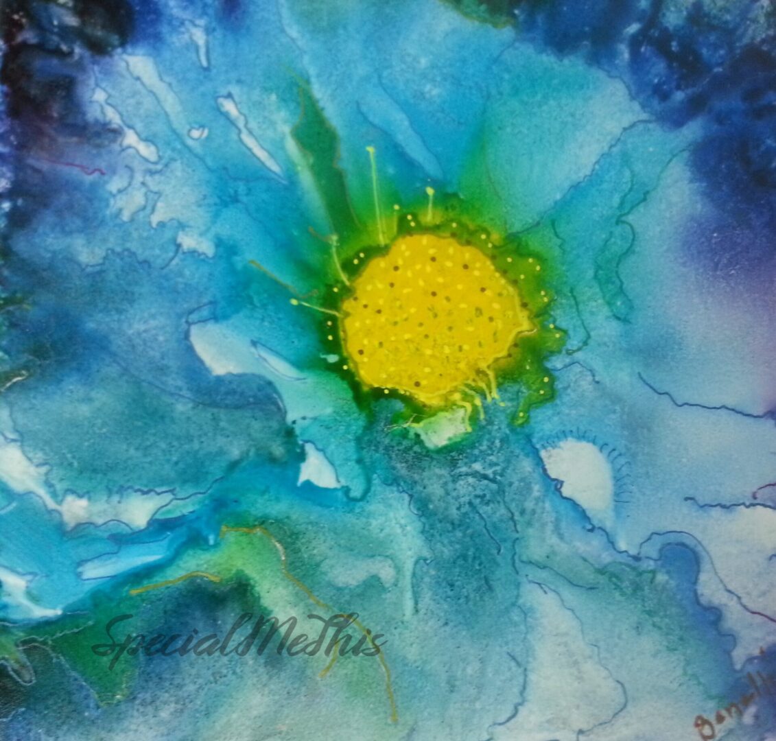 A watercolor painting of a Blue Flower with yellow center.