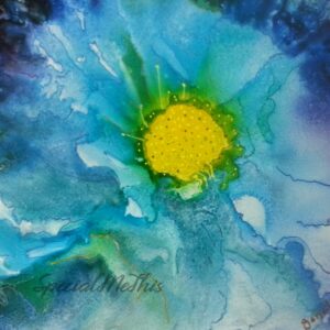 A watercolor painting of the Blue Flower with yellow center.