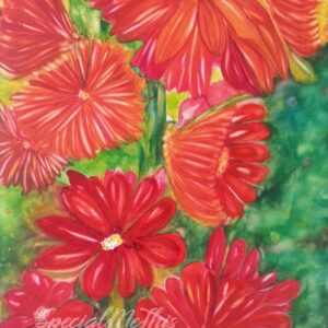 A Sati's Garden painting of red gerbera daisies.