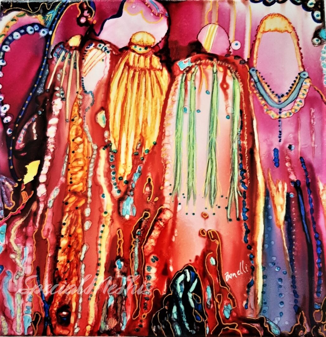 A painting of Spirit Walkers in colorful clothing.