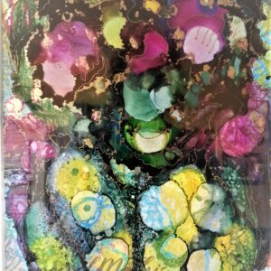 A painting of a Tree Bark with flowers on it.