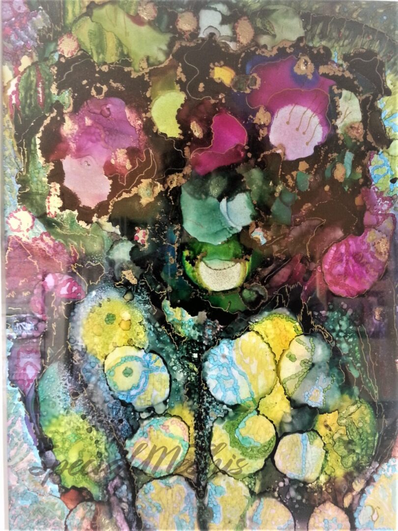 A painting of a Tree Bark with flowers on it.