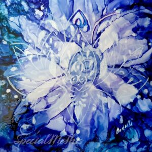 A painting of a blue flower with white petals.