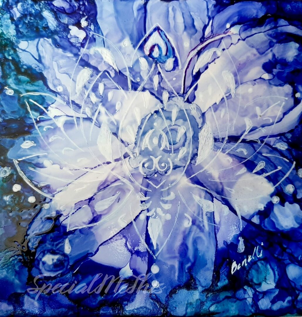 A painting of a blue flower with white petals.