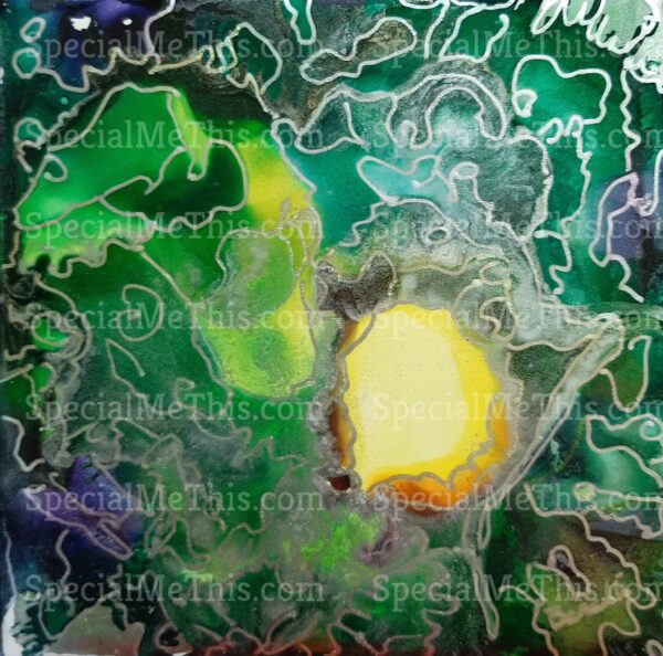 A green and yellow painting with the Across the Universe -1 in the middle.