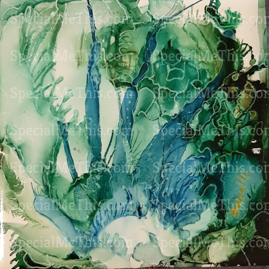 A painting of green and blue plants with water.