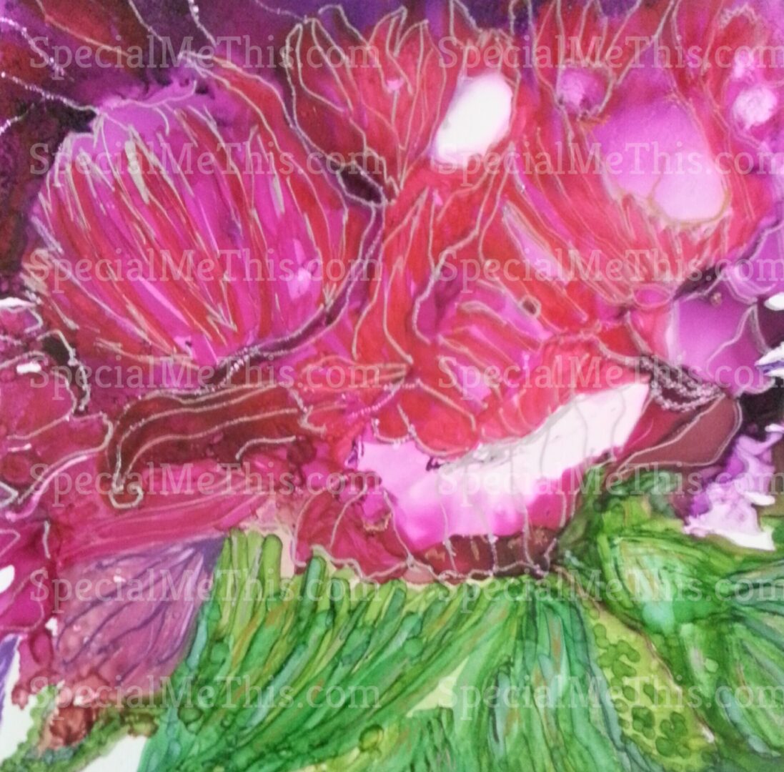 A painting of flowers with purple and green leaves.