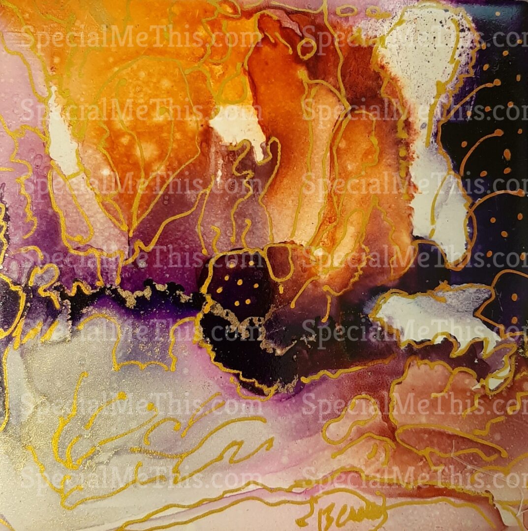 A painting of an abstract scene with gold and purple.