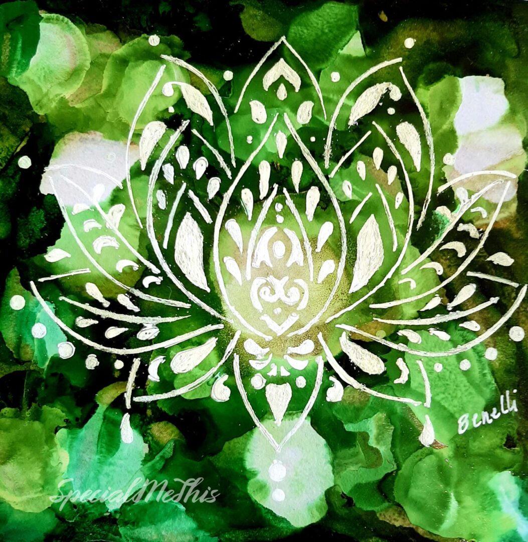 A painting of a green flower with white details.