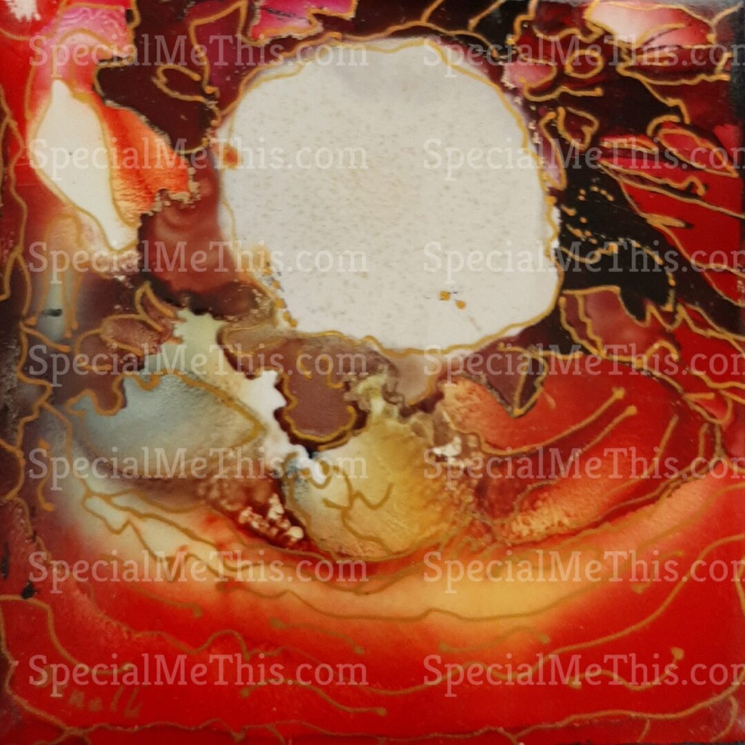 A red and white painting of an egg shell.