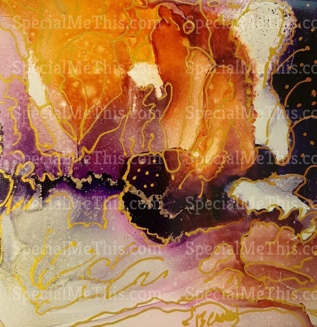 A painting of an abstract image with gold and purple colors.