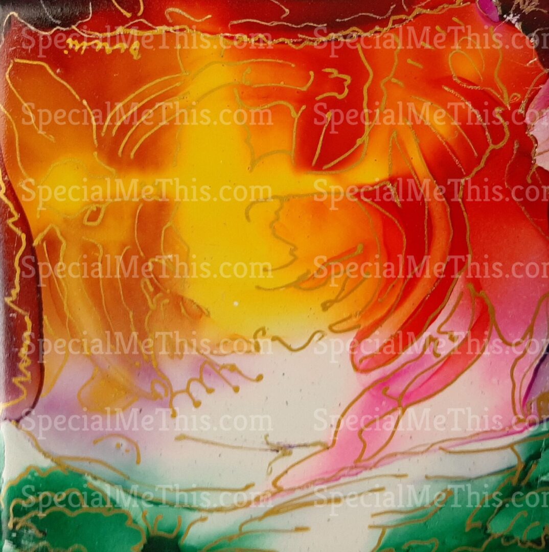 A painting of a red, yellow and green abstract design.