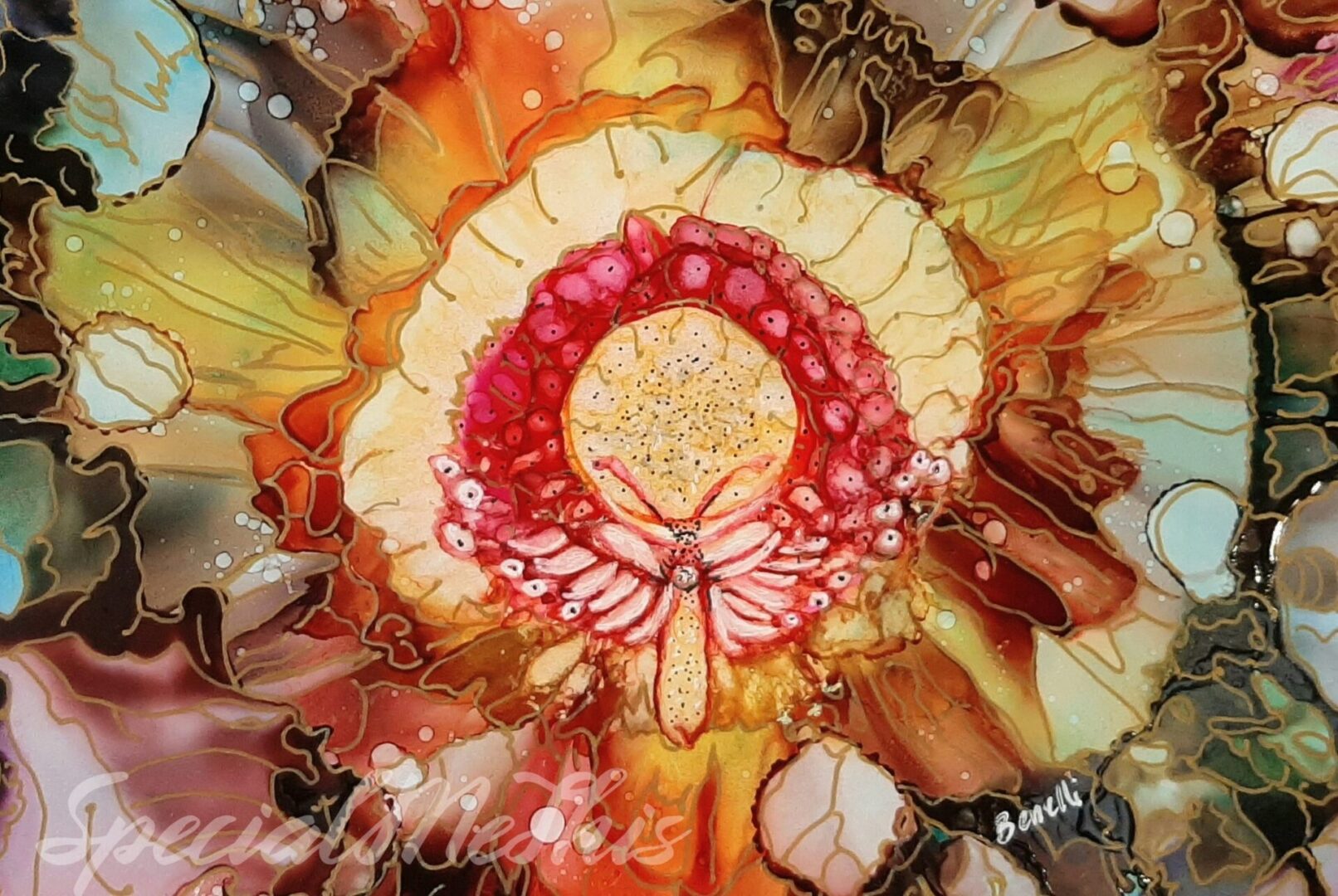 A painting of a butterfly in the center.