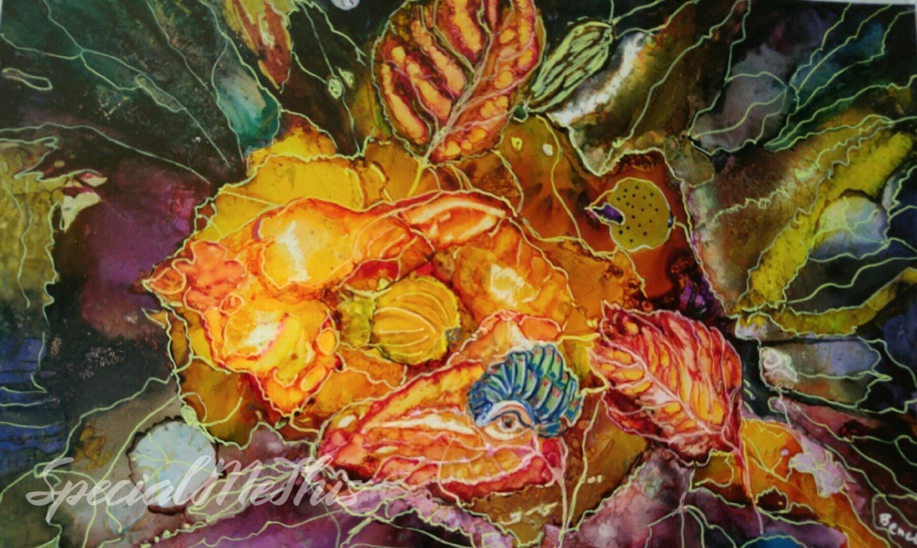 A painting of flowers and leaves in the sun.