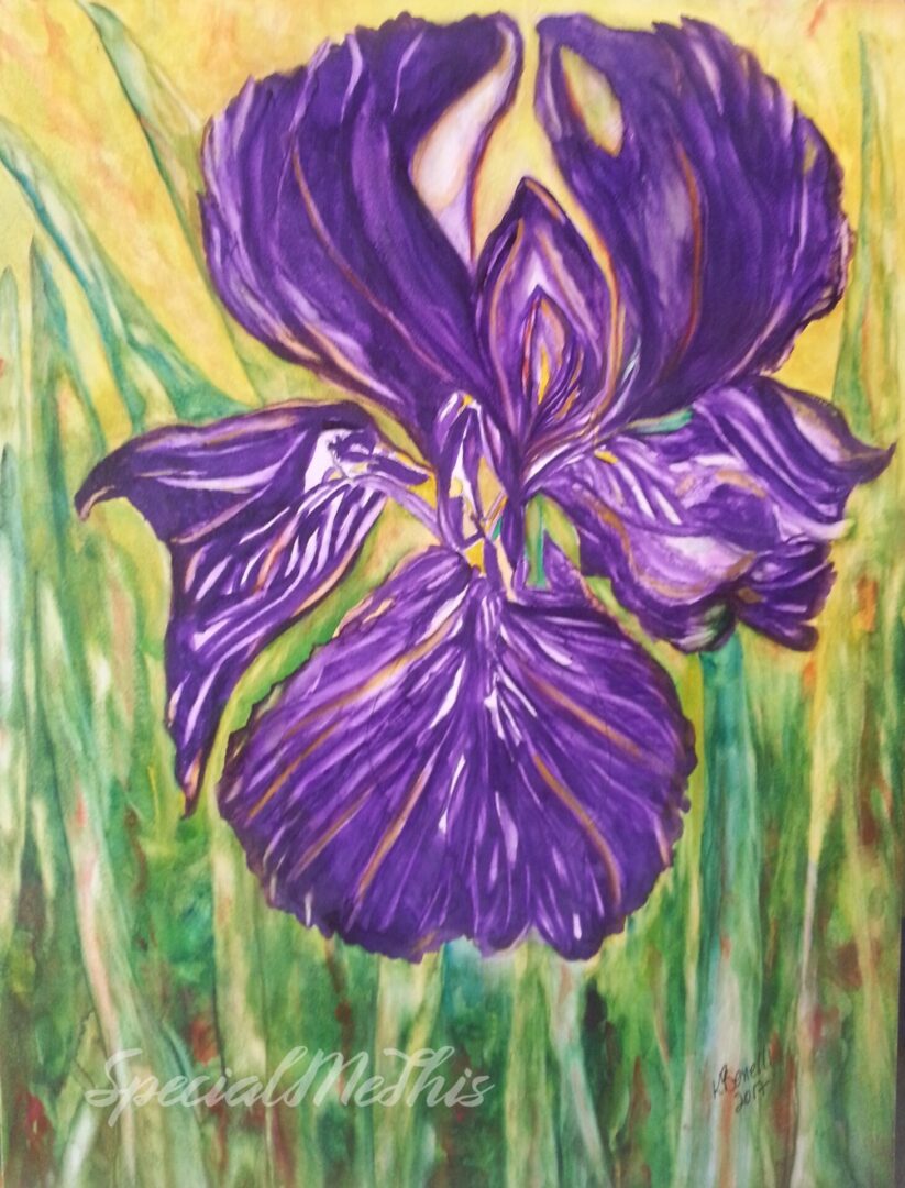 A painting of a purple flower in the grass.