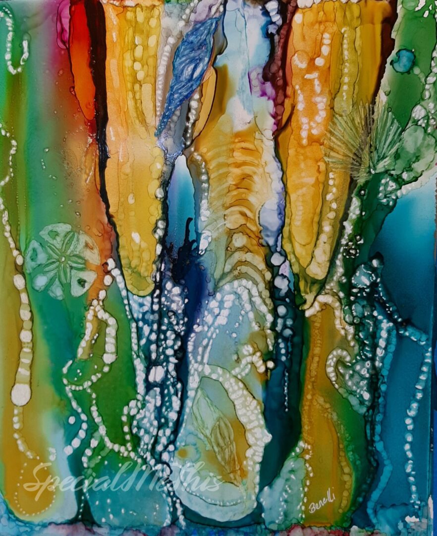 A painting of a colorful abstract scene with water.
