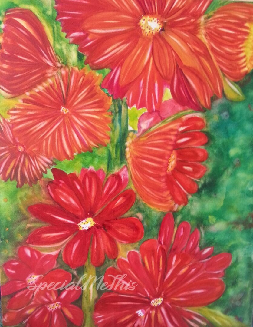 A painting of red flowers in the grass.