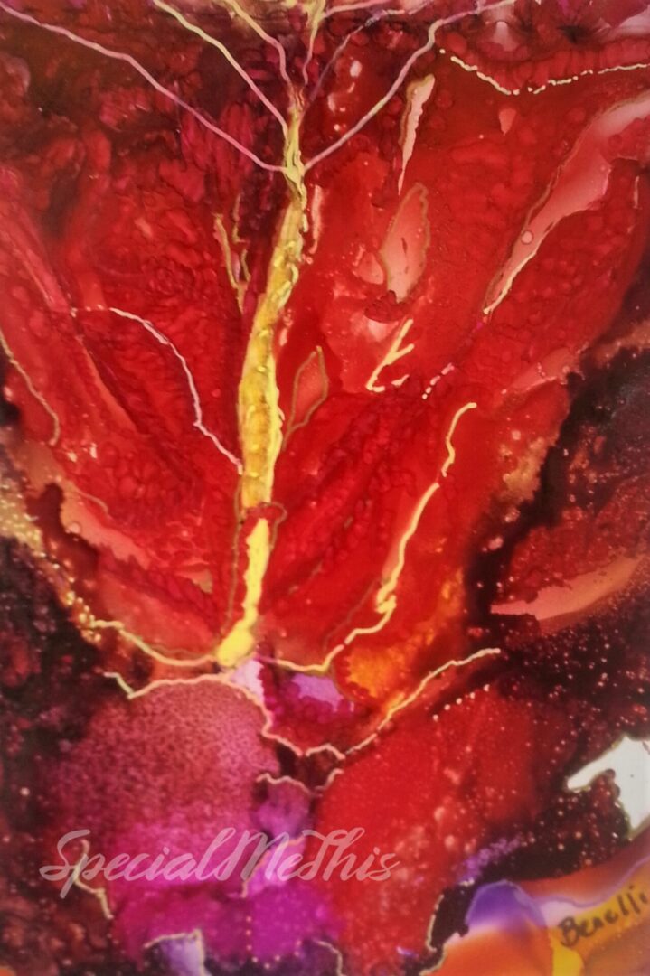 A painting of red and yellow leaves