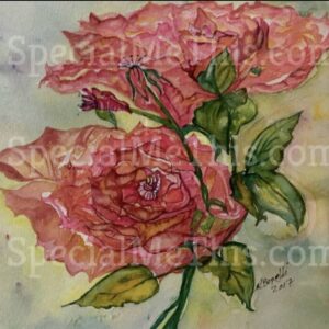 A watercolor painting of two pink roses.
