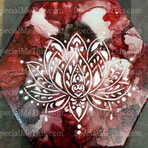 A red and white painting with a lotus flower on it.