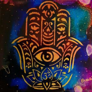 A painting of a hamsa with an eye on it.