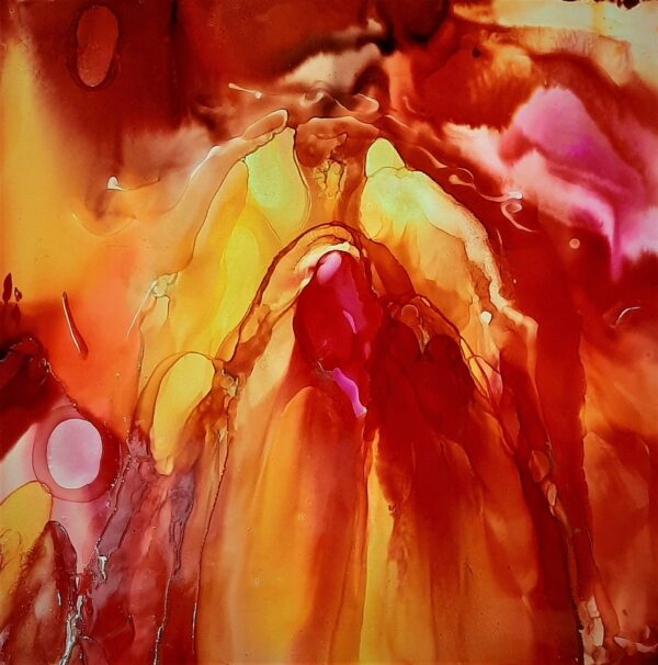 An abstract painting with red, orange and yellow colors.