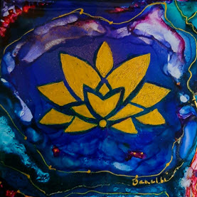 A painting of a lotus flower in the center.