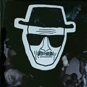 A black and white image of a man with sunglasses and a hat, resembling Walter White from Walter White  Breaking Bad!.