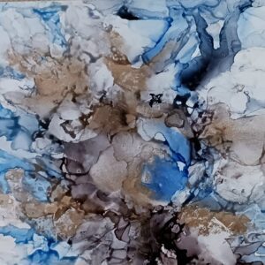 A painting of blue and brown abstract art