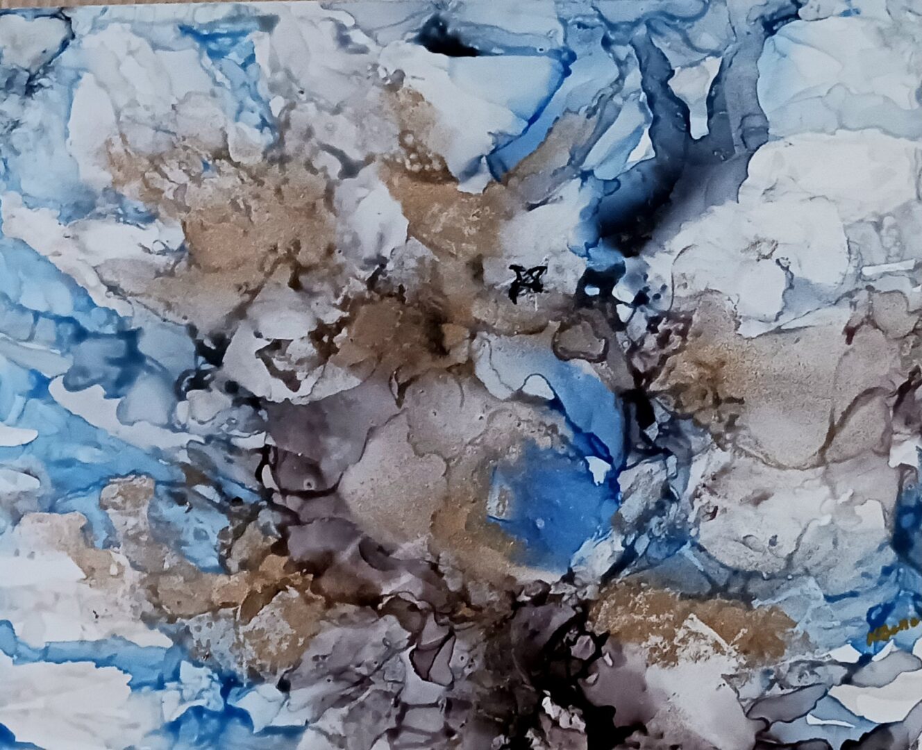 A painting of blue and brown abstract art