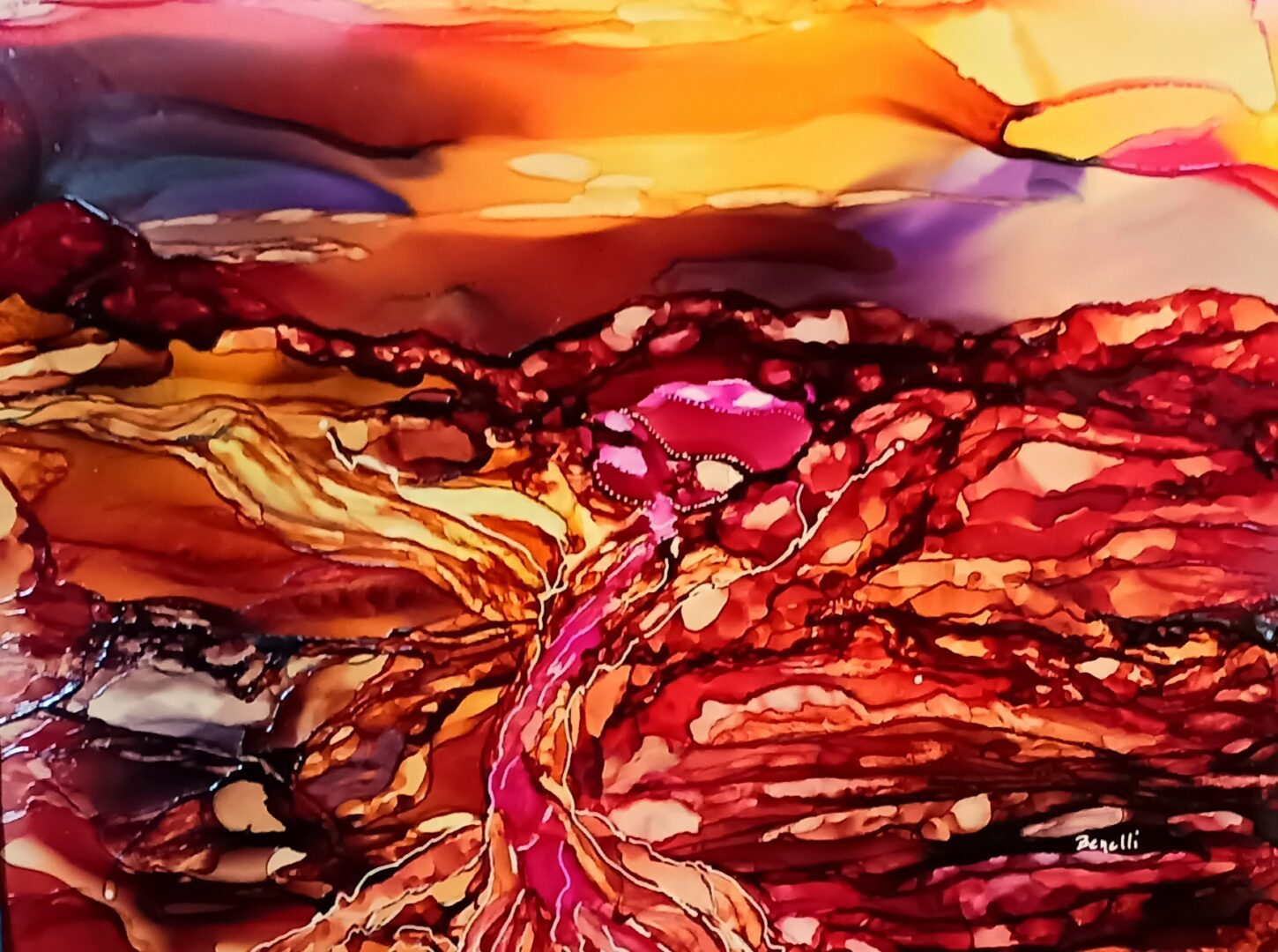 A Flamingo Dancer in the Desert painting of a red, orange, and yellow landscape.