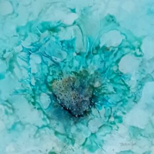 A Nesting original painting depicting a heart shape in shades of blue and white.