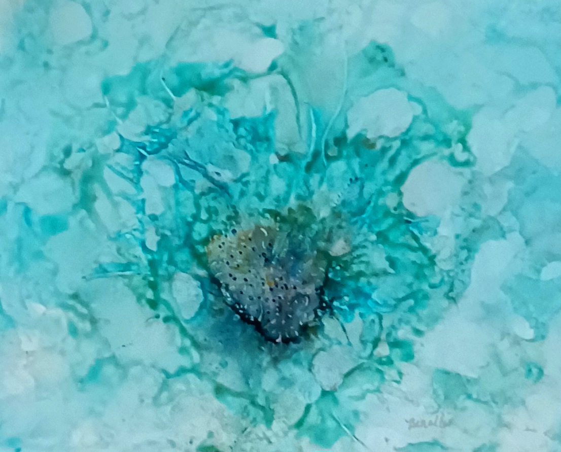 A Nesting original painting depicting a heart shape in shades of blue and white.